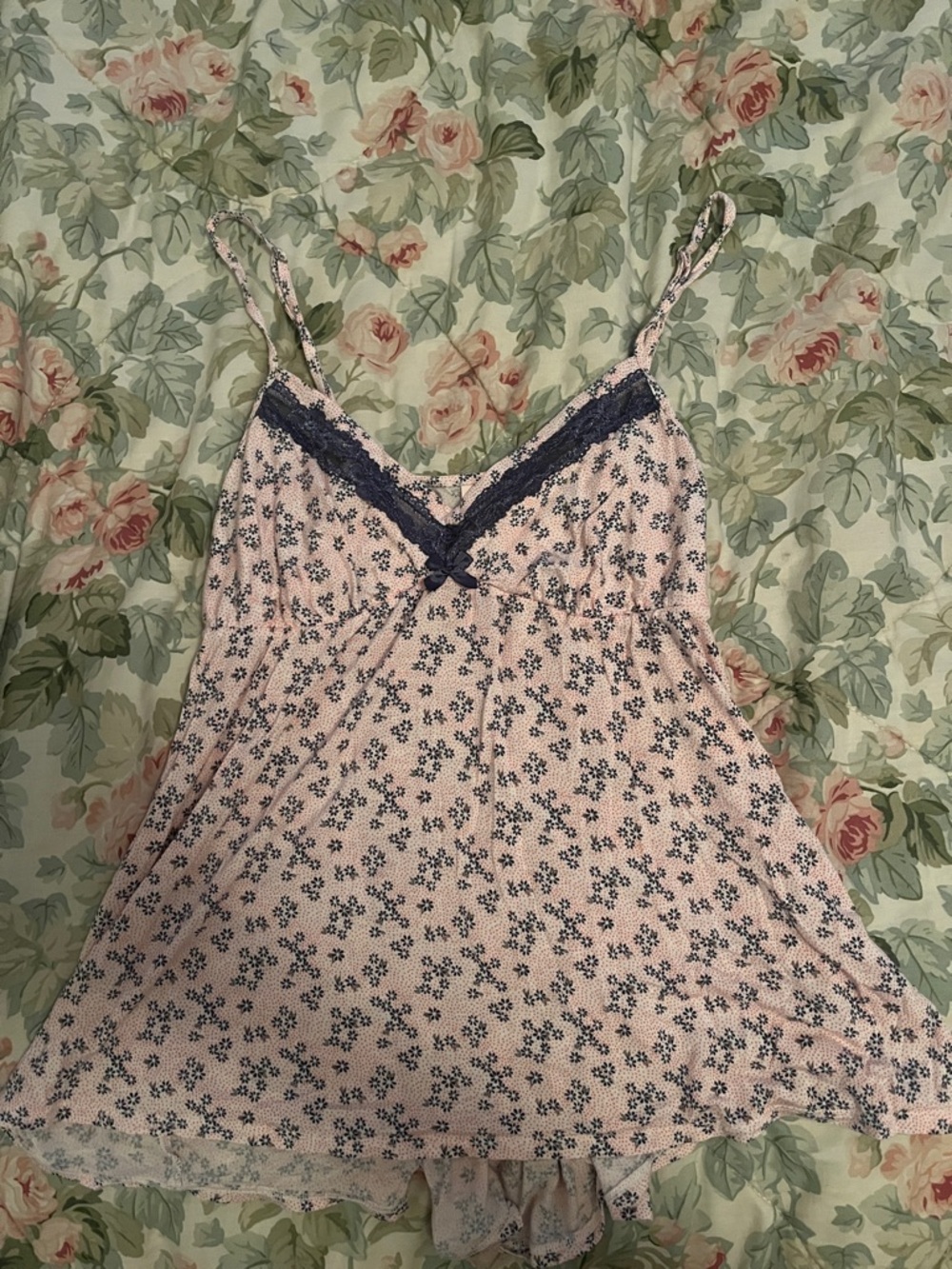 Victoria's Secret Pink Floral Camisole with Navy Lace Trim